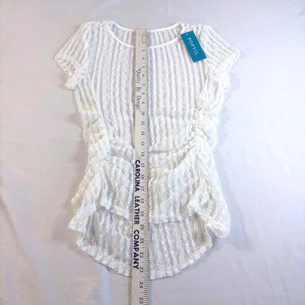 Popvil White Lace Ruched Swim Cover Up Top Short Sleeve Sheer Floral Small New